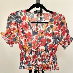 Floral Boho Shirred Waist and Sleeve Blouse - Red/Blue/Yellow